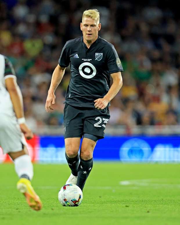Aug 10, 2022; Saint Paul, MN, USA; MLS defender Jakob Glesnes (23) of Philadelphia Union kicks the ball against Liga MX midfielder Alexis Vega (10) of Chivas de Guadalajara during the MLS All-Star Game at Allianz Field. Mandatory Credit: Aaron Doster-USA TODAY Sports